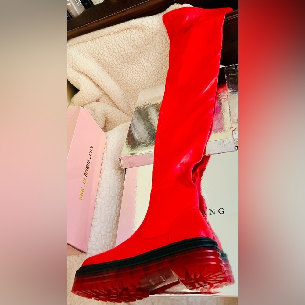 NIB Dolls Kill Azalea Wang Euro Thigh High Boots Surgplatform in Red - Picture 7 of 16